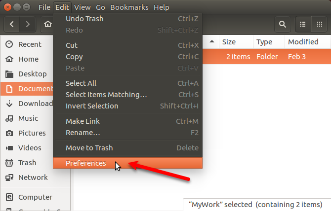 Idite na Uredi> Postavke u Nautilusu u Ubuntu