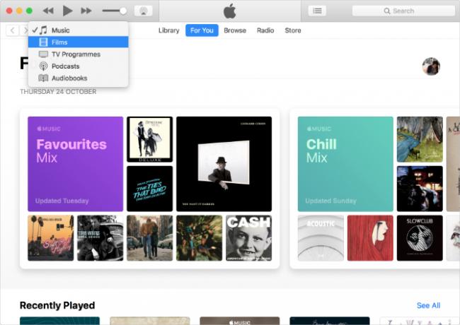 iTunes koji prikazuje glazbu, TV i podcaste s Apple Musicom