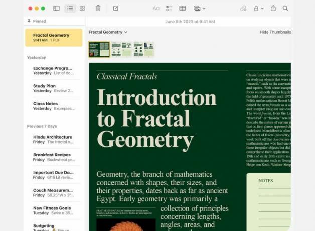Apple Notes na Macu s bočnom trakom i PDF-om na zaslonu