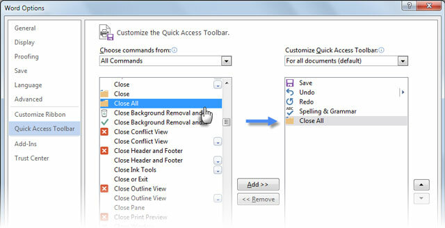 Word 2013 Zatvori sve naredbe