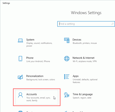 Kliknite Računi u Postavkama u sustavu Windows 10