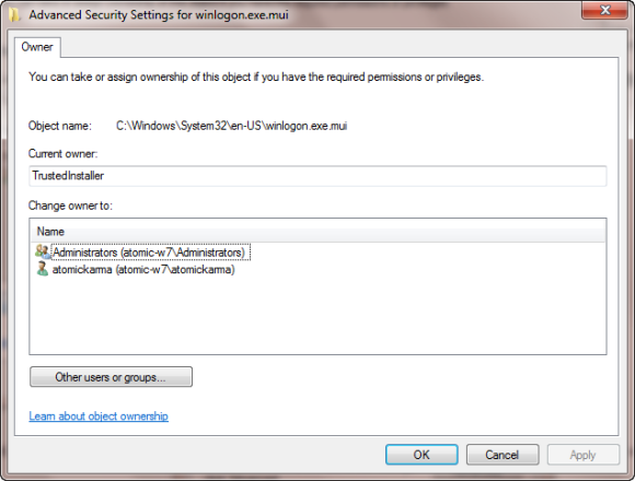 Dodijelite vlasnika objektu u sustavu Windows 7