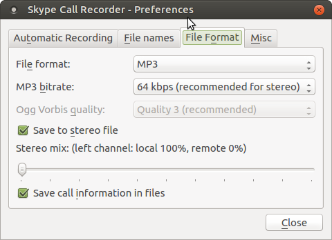 Postavke za Skype Call Recorder za Linux