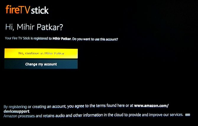 Postavljanje Amazon Fire TV Stick: račun Amazon prepoznat