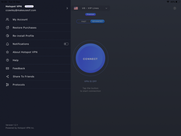 Aplikacija Hotspot VPN iPad