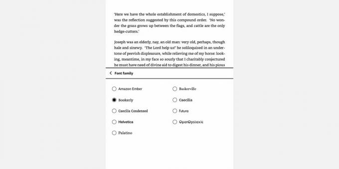 Snimka zaslona izbornika Amazon Kindle Font Family