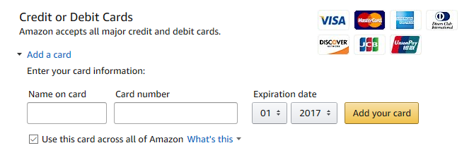 Kartica za način plaćanja za kupovinu u Amazonu