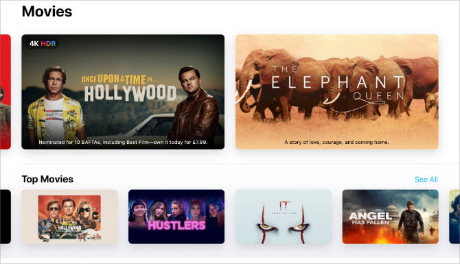 Apple TV aplikacija koja prikazuje najnovije filmove