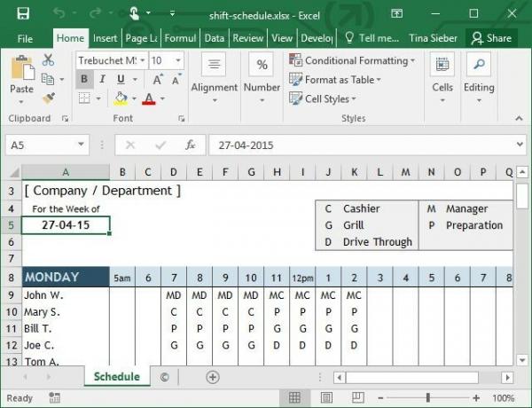 Shift Schedule Excel predložak