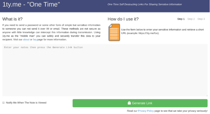 1ty.me je sigurna aplikacija za slanje jednokratnih pročitanih bilješki i lozinki
