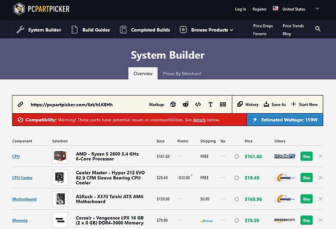 Upotreba PC Part Picker - nekompatibilnost