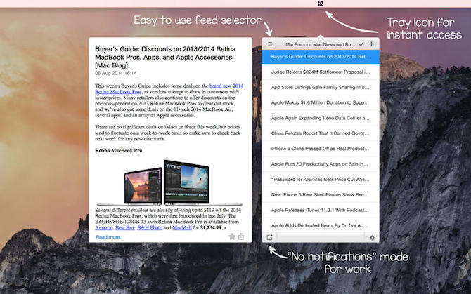 Aplikacija trake izbornika Mac RSS Readers