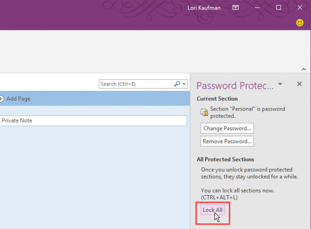 Kliknite Zaključaj sve u OneNoteu 2016