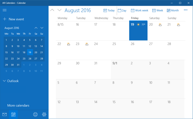 Aplikacija za kalendar Windows 10