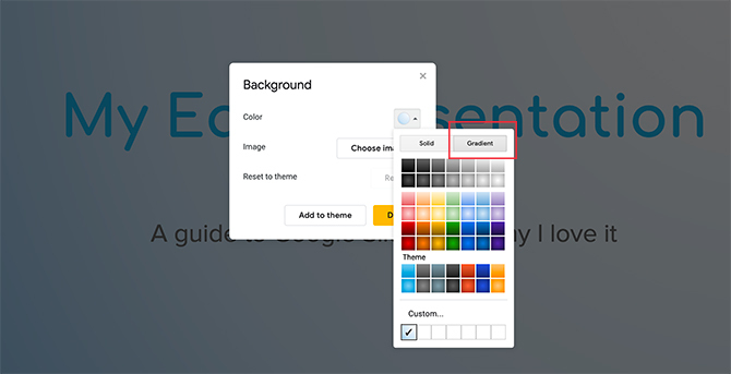 Prilagođeni gradijent Google Slides Pozadinski alat Gradient