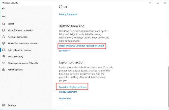 kontrole i postavke preglednika u programu Windows Defender