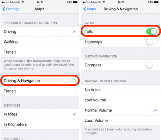iOS 10 značajka Izbjegavajte cestarinu u uputama