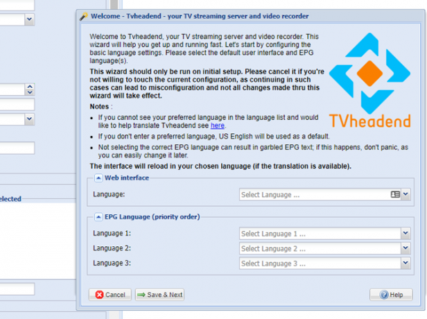 Početne postavke web stranice Tvheadend