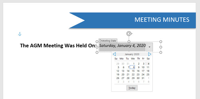 Kontrola sadržaja Microsoft Word Date Picker 