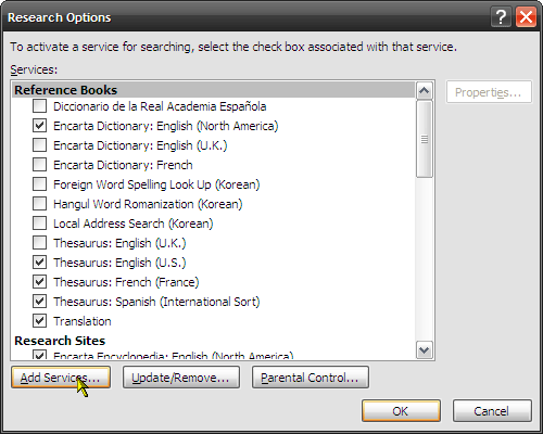 Kako se koristiti značajka istraživanja u programu Microsoft Word 2007 4 dodajte usluge