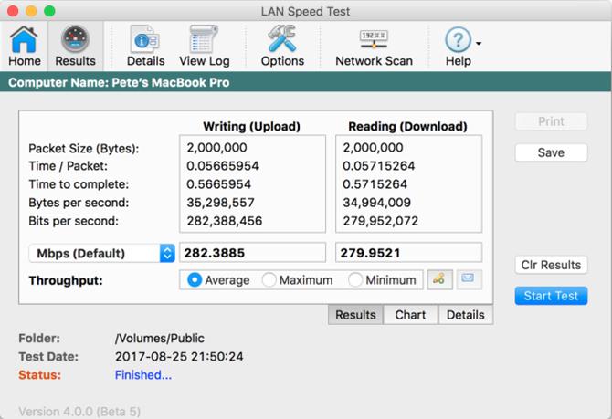 Snimka zaslona zadanog prikaza rezultata za LAN test brzine