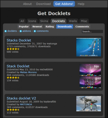 RocketDock + stack Docklet: Ne samo pristanište, već cjelovito rješenje za radnu površinu [Windows] RocketDock Addons Stacks Docklet 2 nema preglednik