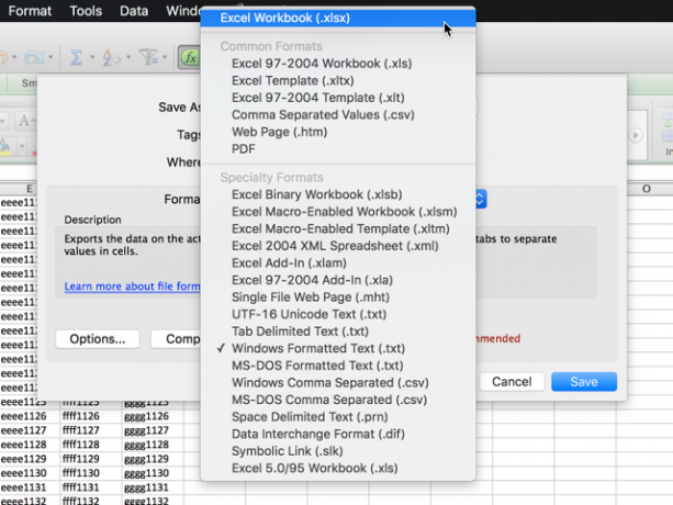 Excel Export-opcije