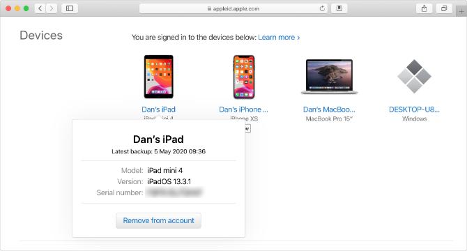 Web stranica tvrtke Apple ID s serijskim brojem iPada