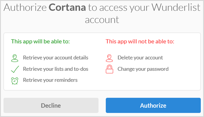 cortana autorizirati wunderlist