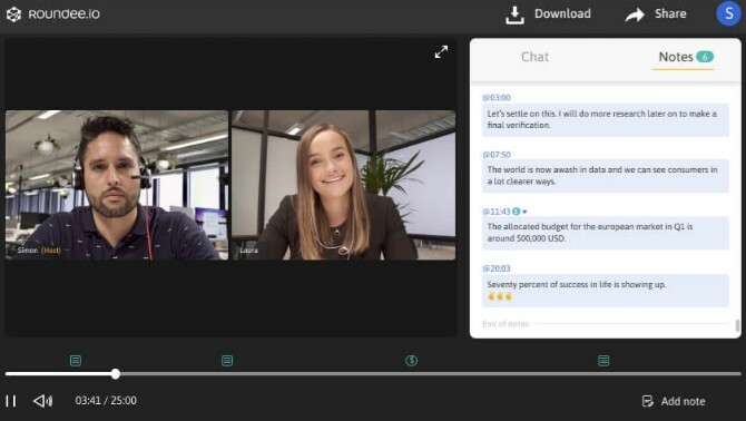 Roundee bilježi video konferencijske pozive i omogućuje vam dodavanje vremenski označenih bilješki u minutu sastanka