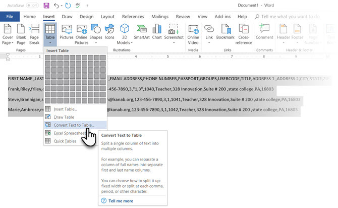 Microsoft Word pretvaranje teksta u tablicu
