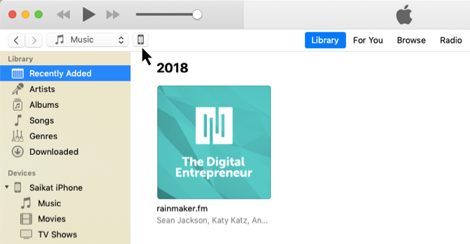 Ikona iPhone prikazana je u gornjem lijevom kutu iTunes zaslona
