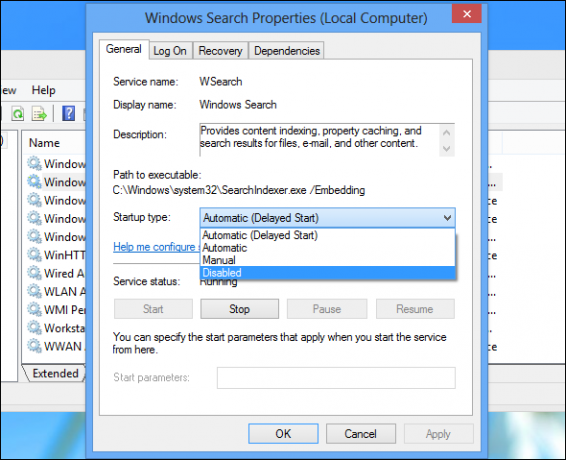 Windows pretraživanja usluga-svojstva