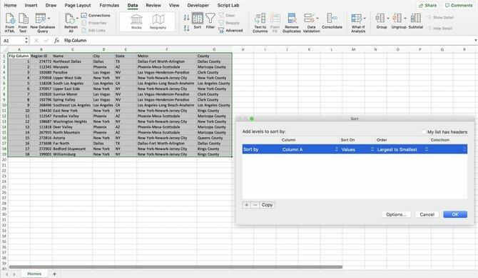 Flipping Excel tablice stupaca
