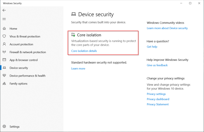 značajka izolacije jezgre u programu Windows Defender