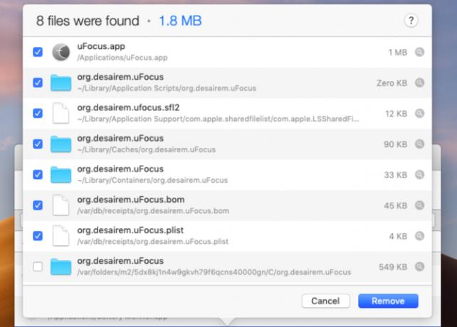 Datoteke koje su pronađene za uklanjanje u AppCleaneru na macOS-u