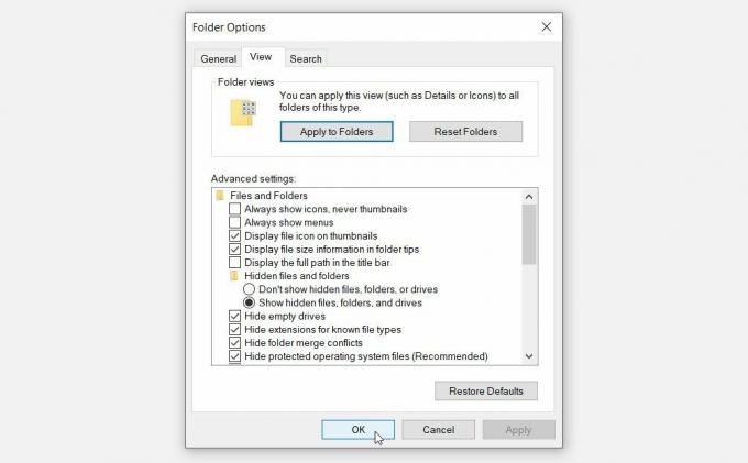 Kartica " View" na zaslonu Windows Folder Options