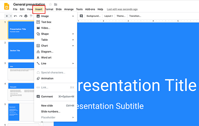 Kako stvoriti prezentaciju Izbornik za umetanje Google prezentacija