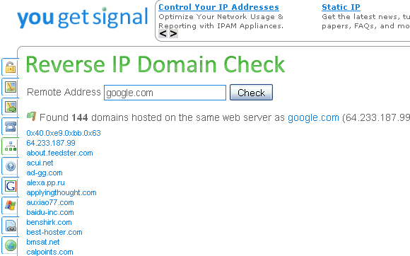 Pronađite druge web lokacije koje se prikazuju na vašem hosting poslužitelju pomoću YouGetSignal yougetsignalreverseip