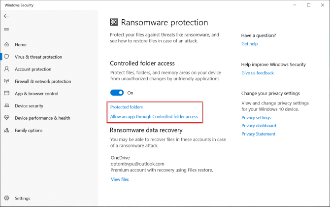 zaštita od ransomwarea u programu Windows Defender