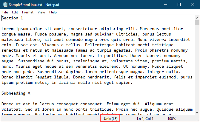 Tekstna datoteka s Linuxa otvorena je u Notepad-u