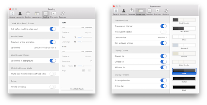 Postavke za Mac Readers Mac RSS Reader