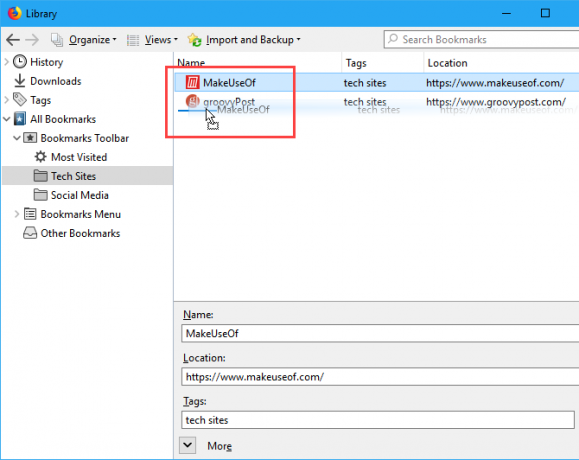 Ručno sortirajte oznake u dijaloškom okviru Biblioteka u Firefoxu