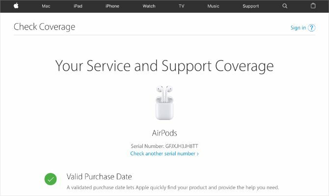 Appleova web stranica Check Coverage koja prikazuje važeći serijski broj AirPodsa