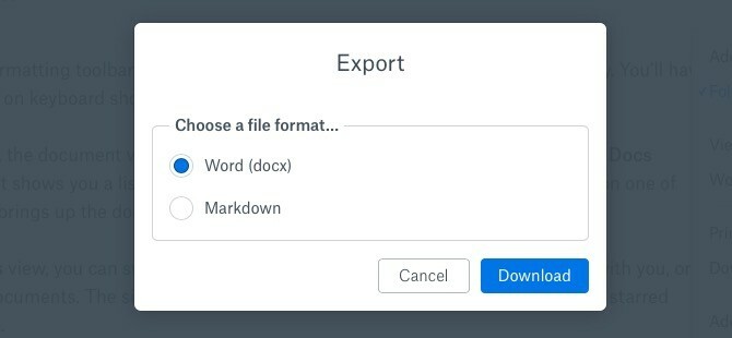 Opcije izvoza papira Dropbox