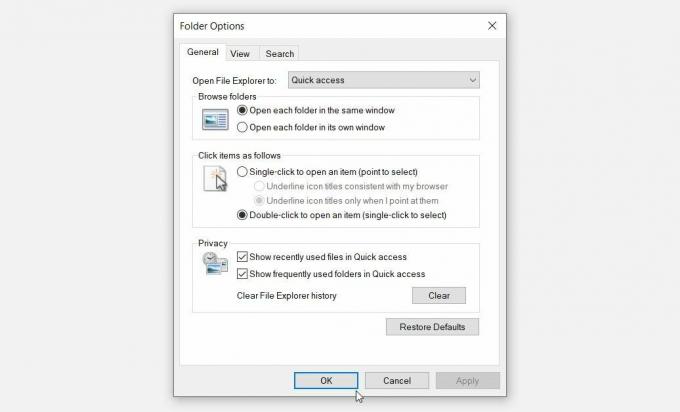 Kartica " Općenito" na zaslonu Windows Folder Options