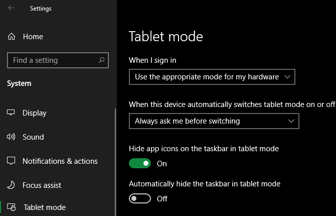 Opcije načina rada za Windows 10 Tablet