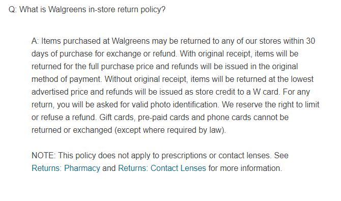 walgreens vraćaju bez primitka