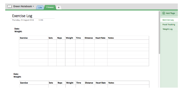 Snimka primjera primjeraka Fitness Log OneNote