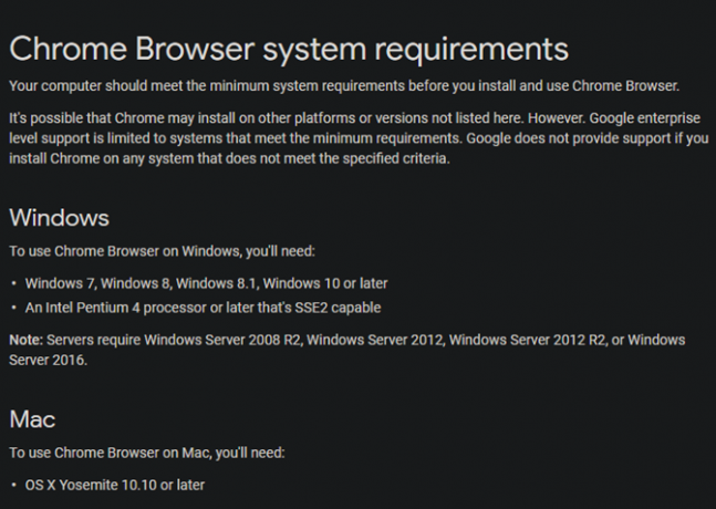 Zahtjevi sustava Chrome